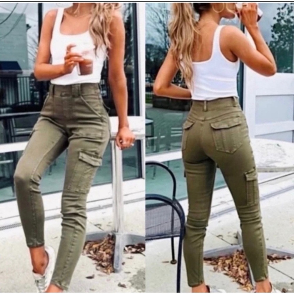 Spanx Stretch Twill Ankle Cargo Pants Washed Olive Green Skinny Small S/P